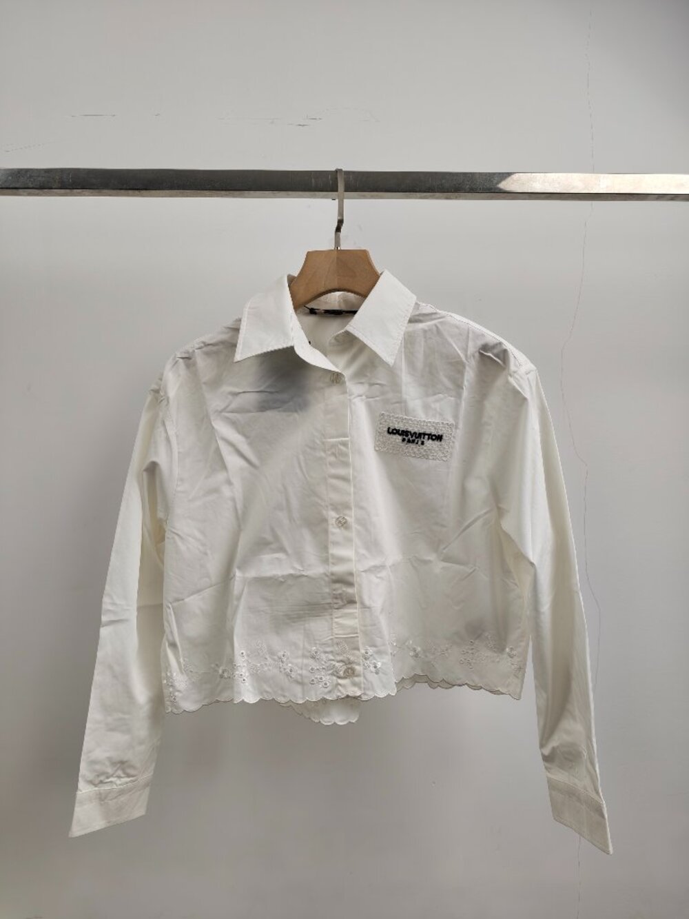 Louis Vuitton White Cotton Cropped Button Down Shirt Embroidery Hem Logo Patch S